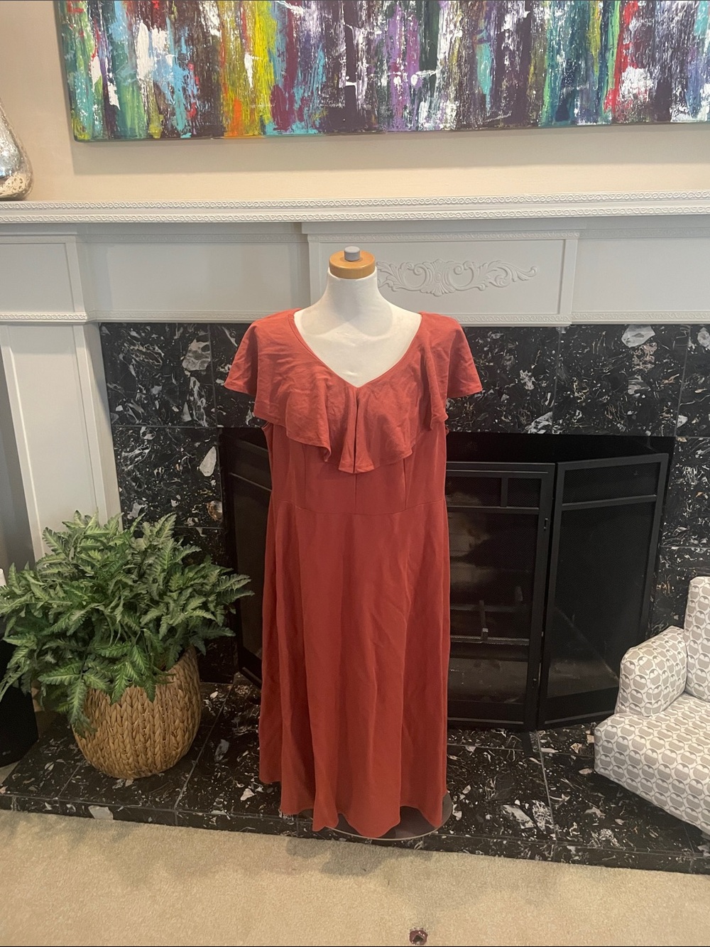 Rust Red Ruffle V-Neck Women's Dress